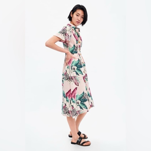 Zara Pink Green Tropical Leaf Floral Print Linen Midi Summer Dress size M - Picture 1 of 11